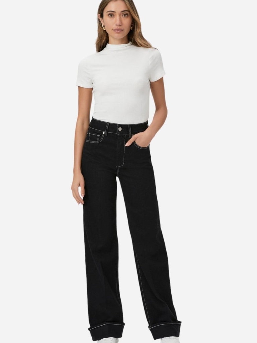 PAIGE Black High-Rise Wide Leg Jeans with Contrast Stitching - 32